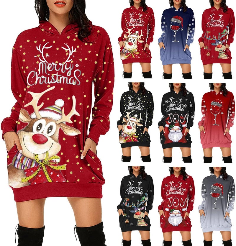 woobles Hoodie Dress, Womens Hoodie Dress Christmas Pattern Print Polyester Casual for Shopping - Image 1